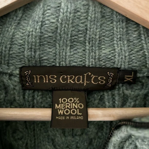 Vintage Inis Crafts XL 100% Merino Wool Zip Up Cable Knit Sweater - Picture 2 of 3